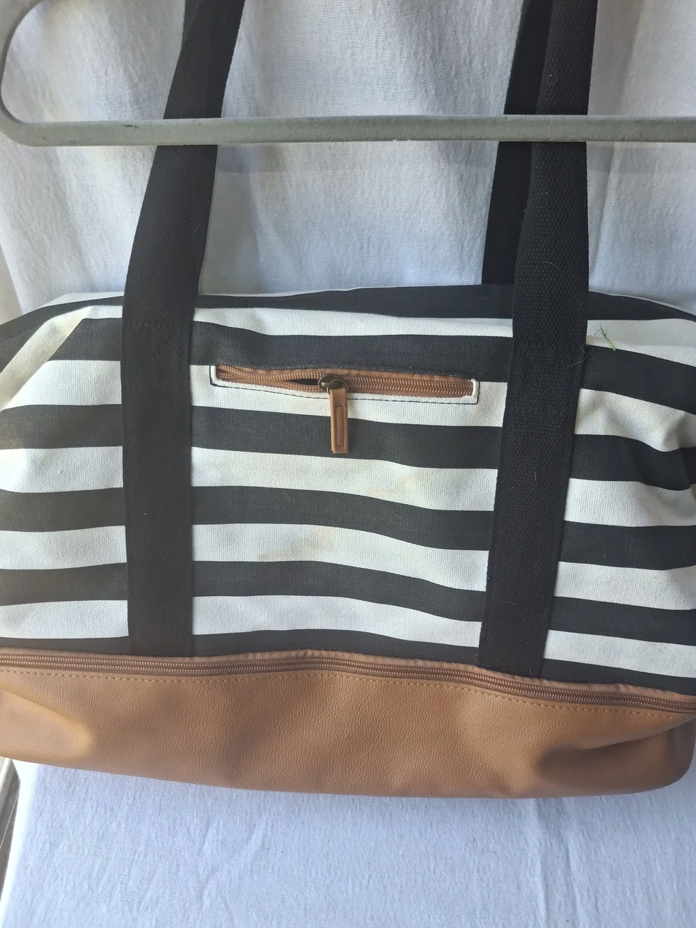 DSW Black & White Striped Weekender with Tan Base